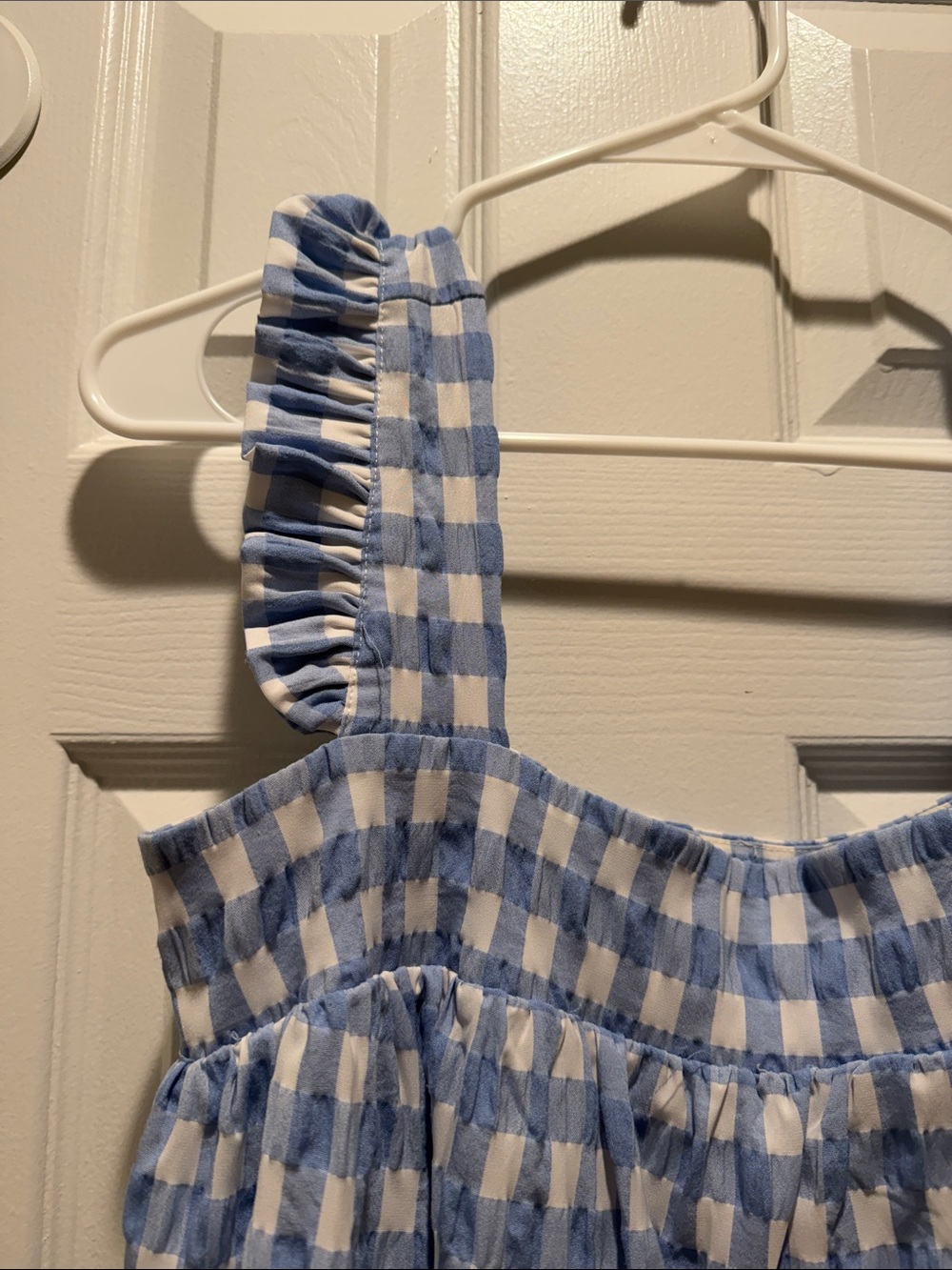 Storia Blue and White Gingham Mini Dress with Ruffle Straps - Picture 2 of 3